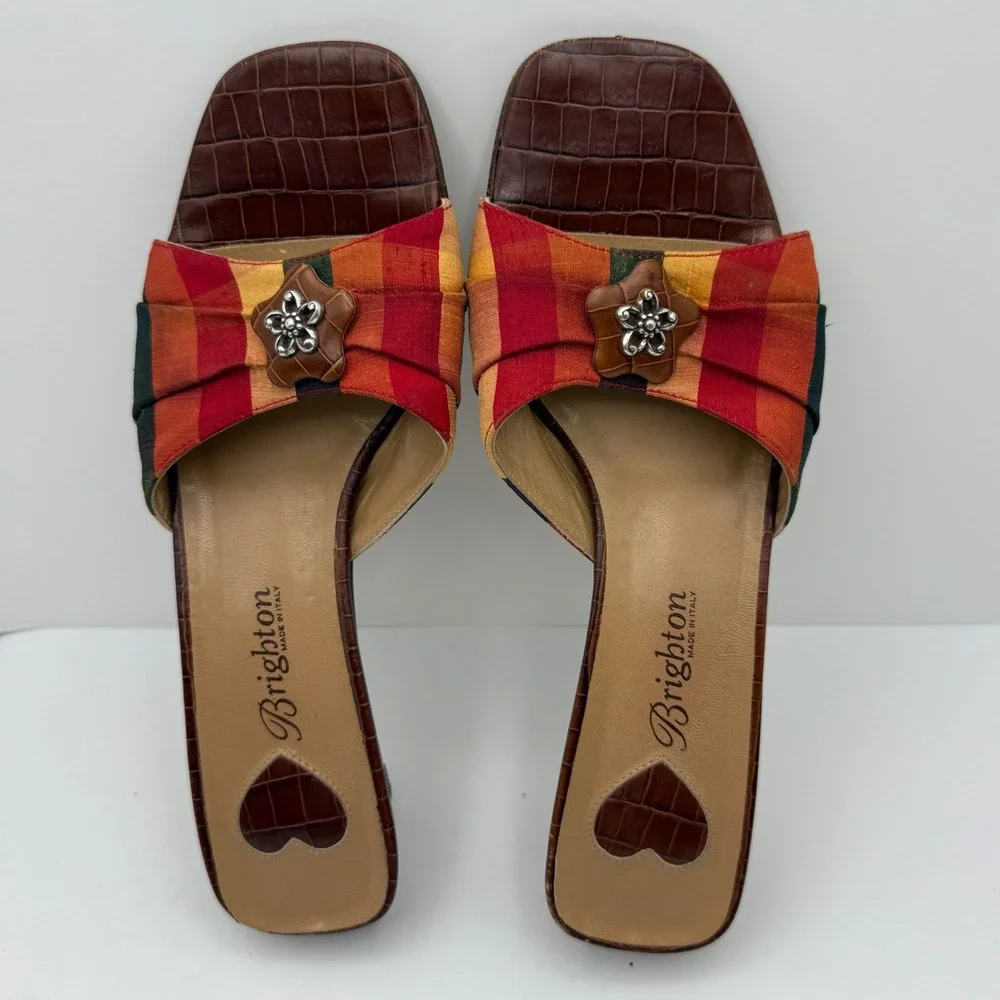 Brighton Women's Size 8 Square Toe Slide Sandals Multi Color Plaid Wedge Heels - Picture 5 of 8